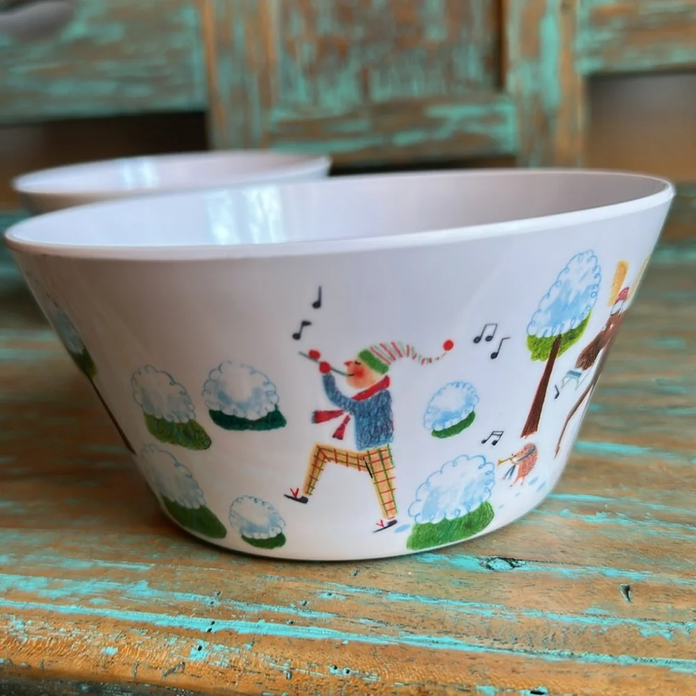 Crate & Barrel Holiday Melamine Bowls Set of 2 Animals Music Whimsical
